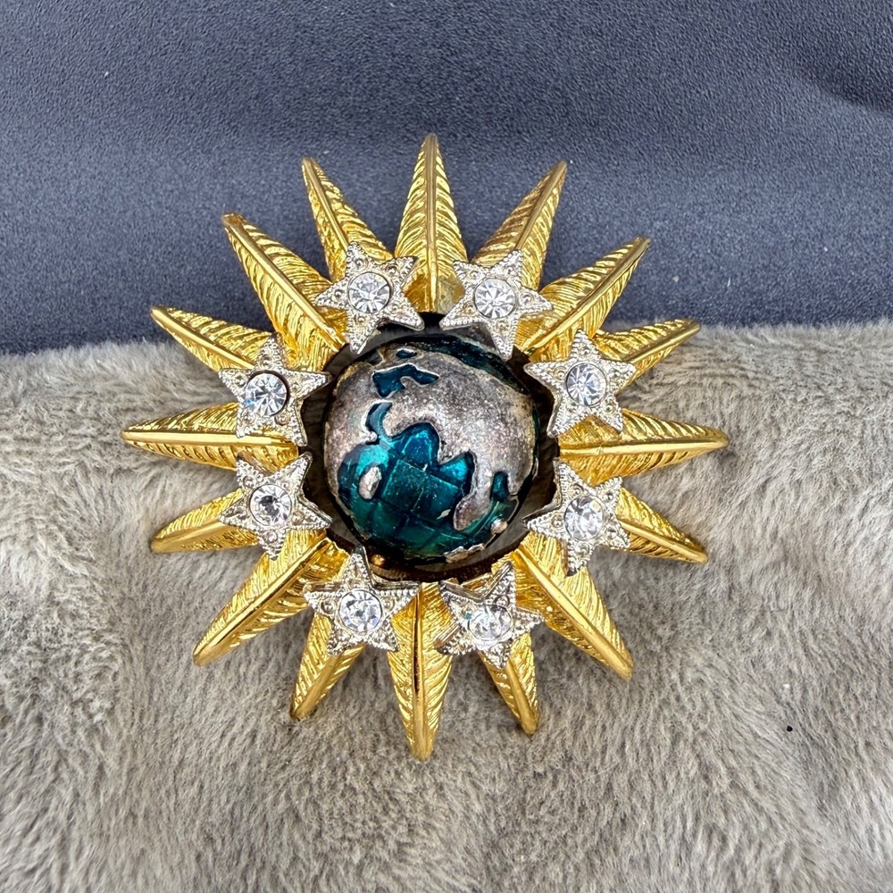 Vintage RJ Graziano Brooch Gold Tone Spinning World Globe